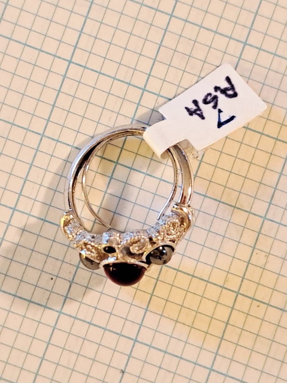 Avon Silver Adjustable Ring with Deep Red Center and Black Accent Stones - Picture 5 of 5